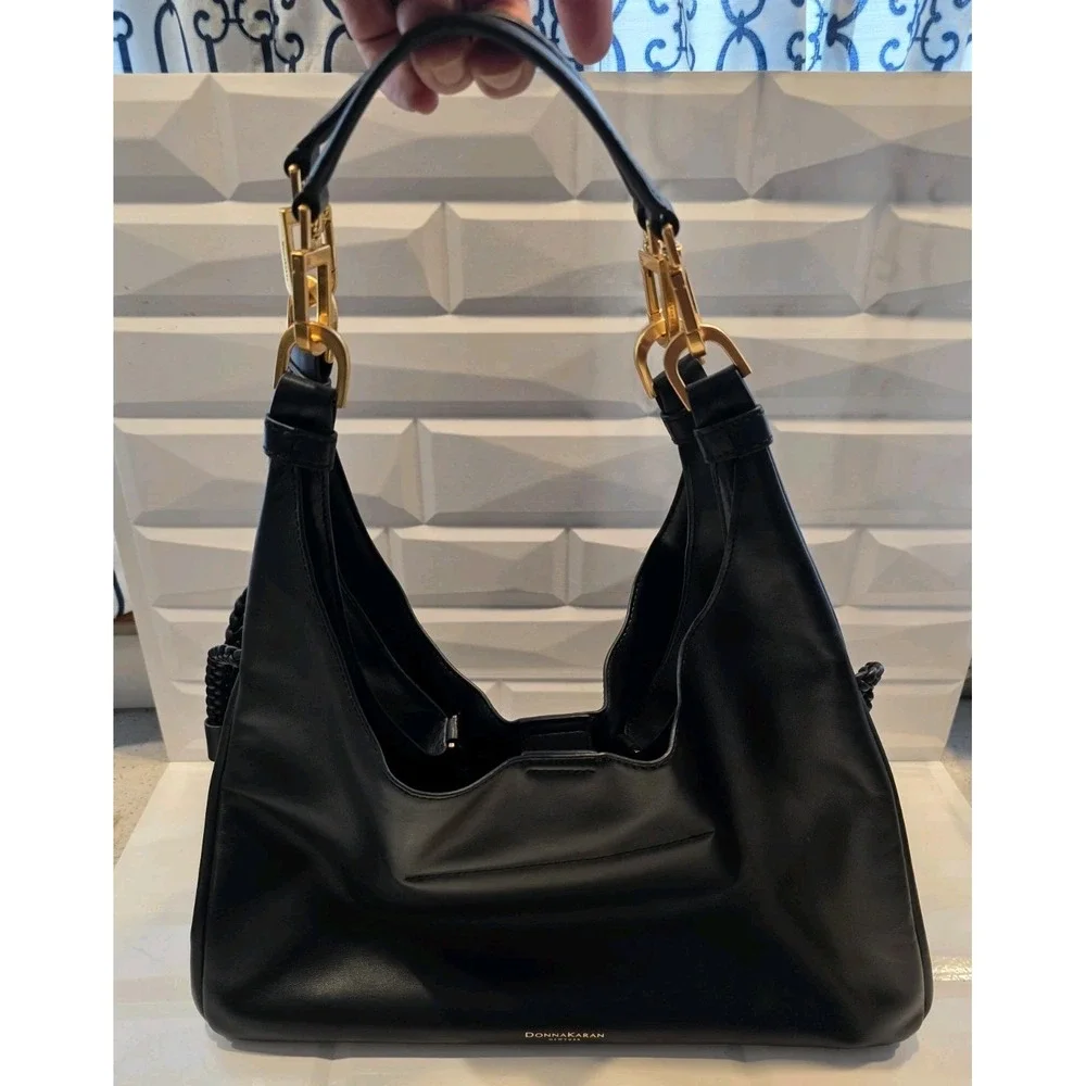 Donna Karan NY Bellarose Hobo Bag Black Leather Boho Purse XL‎ Sholder